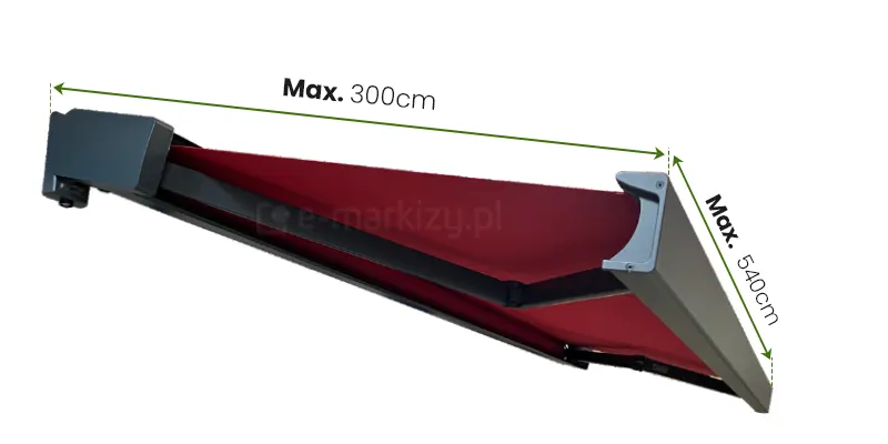 Markiza Quadra MOL z czarną kasetą i ramionami oraz czerwonym poszyciem umieszczona na białym tle. Od mocowania ściennego do krawędzi belki przedniej poprowadzono linie przerywane, między którymi wpisana została zielona dwukierunkowa strzałka. Nad tą strzałką napis "Max. 300 cm". Po prawej stronie, od krawędzi bocznych belki przedniej także poprowadzono przerywane linie, pomiędzy którymi wpisano dwukierunkową strzałkę w zielonym kolorze. Nad strzałką napis "Max. 540cm".
