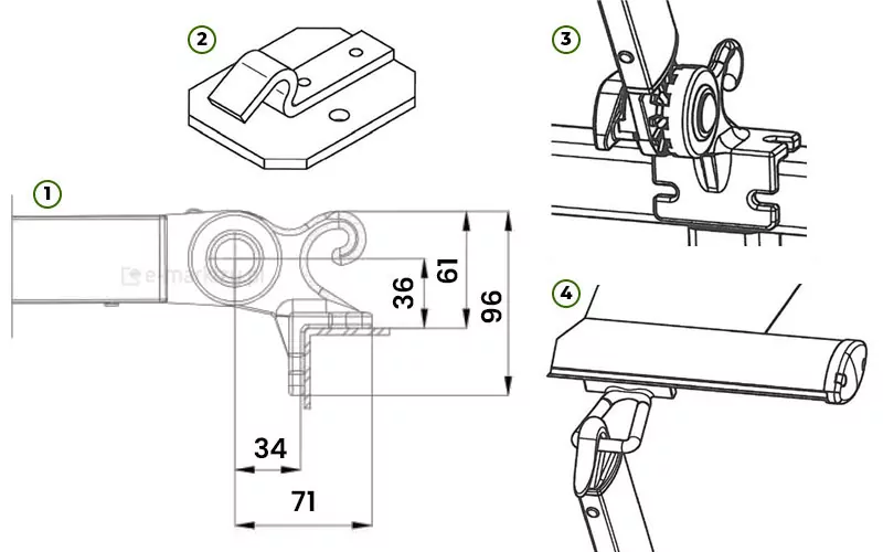 Grafika techniczna prezentująca system mocowania ramion poręczowych markizy Italia, składająca się z czterech ponumerowanych sekcji (1–4): Sekcja 1: Rysunek techniczny w przekroju bocznym przedstawiający głowicę ramienia zintegrowaną z hakiem. Naniesiono precyzyjne wymiary w milimetrach: wysokość całkowita głowicy to 96 mm, szerokość korpusu hakowego wynosi 71 mm, a odległość od osi obrotu do punktu styku z poręczą to 34 mm. Wysokość samego wycięcia haka wynosi 36 mm. Sekcja 2: Izometryczny schemat uchwytu montowanego bezpośrednio do barierki. Jest to płaska płytka z czterema otworami montażowymi i wyprofilowanym, wygiętym elementem (zaczepem), o który zahaczane jest ramię markizy. Sekcja 3: Rysunek liniowy przedstawiający ramię wpięte w uchwyt poręczowy. Widoczny jest mechanizm zębaty pozwalający na regulację kąta nachylenia ramienia oraz sposób, w jaki hak głowicy blokuje się na profilu barierki. Sekcja 4: Widok od spodu na przednią belkę obciążającą markizy, ukazujący punkt połączenia z ramieniem. Zakończenie ramienia wyposażone jest w pętlę/hak, który stabilizuje tkaninę i belkę w wybranej pozycji. Całość wykonana w formie czarno-białego schematu inżynieryjnego na białym tle, ułatwiającego zrozumienie sposobu kotwienia systemu poręczowego.