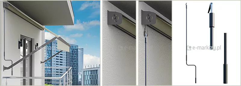 Grafika składa się z czterech sekcji przedstawiających mechanizm obsługi markizy balkonowo-sklepowej w kasecie za pomocą korby. W pierwszej sekcji po lewej stronie widoczna jest wizualizacja balkonu z częściowo rozwiniętą beżową markizą. Po lewej stronie okna balkonowego zamontowana jest długa, pionowa korba z charakterystycznym wygięciem w dolnej części, służącym do ręcznego obracania mechanizmem. Korba jest połączona z górnym mechanizmem nawojowym markizy. W tle widać nowoczesną zabudowę miejską z wysokimi, przeszklonymi biurowcami pod błękitnym niebem. Druga i trzecia sekcja to zbliżenia na górny punkt montażowy. Na drugim kafelku widoczny jest sam boczny wspornik markizy w kolorze ciemnoszarym, przytwierdzony do białej elewacji. Trzeci kafelek pokazuje ten sam element z wpiętym uchem korby, co demonstruje sposób połączenia drążka z przekładnią markizy. Czwarta sekcja po prawej stronie przedstawia detale samej korby na białym tle. Zaprezentowano widok całego drążka z uchwytem oraz dwa zbliżenia na jego górne zakończenie w formie haczyka oraz dolną rączkę. Wszystkie elementy konstrukcyjne, takie jak profil markizy, ramiona oraz korba, wykonane są w spójnej, ciemnoszarej kolorystyce, kontrastującej z jasną elewacją i beżowym materiałem poszycia.
