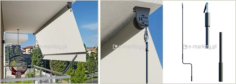Grafika techniczna prezentująca system obsługi markizy balkonowej za pomocą korby ręcznej, podzielona na trzy sekcje informacyjne. W lewej części widoczny jest balkon z zamontowaną i rozłożoną markizą o jasnym poszyciu, na której prawym górnym rogu znajduje się mechanizm nawojowy z uchem do zaczepienia korby. Środkowy panel stanowi zbliżenie na ten mechanizm – czarny uchwyt zamontowany pod sufitem wnęki balkonowej posiada zintegrowane ucho, w które wetknięty jest hak kończący długą, ciemną korbę. Prawa sekcja grafiki przedstawia na białym tle detale samej korby: jej pełną długość z charakterystycznym wygięciem ułatwiającym obracanie oraz dwa zbliżenia na końcówki – górny hak mocujący i dolną rękojeść. Całość ilustruje manualny sposób rozwijania i zwijania osłony, wskazując na prostotę obsługi mechanizmu bez konieczności użycia napędu elektrycznego.