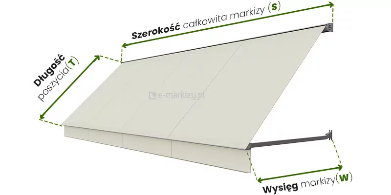 Grafika instruktażowa przedstawiająca produkt markiza balkonowa Italia w kasecie pomiar, na której naniesiono zielone linie pomocnicze oraz oznaczenia literowe definiujące kluczowe parametry techniczne urządzenia. Obraz prezentuje rozwiniętą markizę z kremowym poszyciem, gdzie poprzez odpowiednie opisy zdefiniowano trzy podstawowe wielkości konieczne do prawidłowego dopasowania produktu do otworu okiennego lub balkonu. Szerokość całkowita markizy, oznaczona symbolem „s”, określa rozpiętość poziomą całej konstrukcji mierzoną wzdłuż linii montażowej przy ścianie. Długość poszycia, oznaczona symbolem „T”, odnosi się do wymiaru tkaniny wzdłuż jej przekątnej, mierzonej od punktu mocowania przy elewacji aż do dolnej listwy wykończeniowej. Ostatni z wymiarów, czyli wysięg markizy oznaczony symbolem „W”, wskazuje odległość, na jaką ramię nośne wysuwa się prostopadle od ściany budynku, co jest kluczowe dla określenia powierzchni zacienienia oraz wymagań przestrzennych dla danego modelu. Całość schematu ma na celu ułatwienie klientowi poprawnego pomiaru przed zakupem, wskazując bezpośrednio na fizyczne punkty początkowe i końcowe dla każdego z podanych parametrów, co minimalizuje ryzyko błędów przy konfiguracji zamówienia.