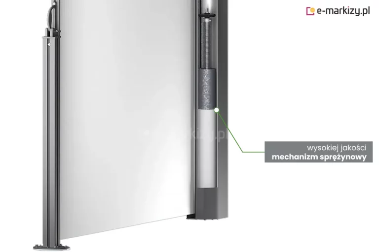 Wizualizacja mechanizmu sprężynowego umieszczonego w kasecie markizy bocznej Bora o grafitowej konstrukcji z jasnoszarym poszyciem, ukazana na białym tle. Od widocznego w kasecie systemu poprowadzono w bok zieloną linię do napisu umieszczonego w szarym prostokątnym polu "wysokiej jakości mechanizm sprężynowy".