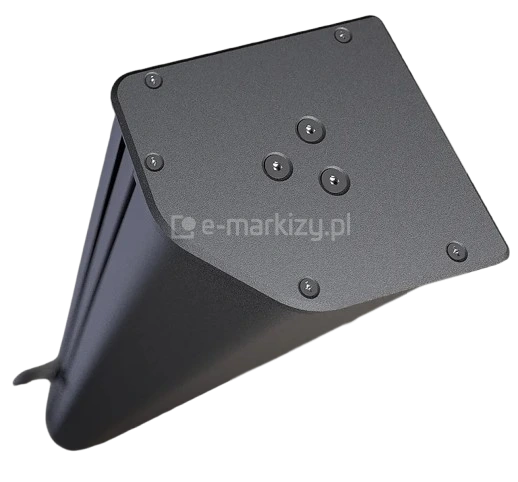 Widoczna od góry antracytowa kaseta markizy bocznej Bora. W środkowej części trzy śruby mocujące mechanizm sprężynowy oraz rurę z tkaniną. Przy krawędziach dodatkowe śruby mocujące poszczególne elementy obudowy. W tle widoczny uchwyt do rozwijania tkaniny zamocowany w belce przedniej. Całość przedstawiona na białym tle.