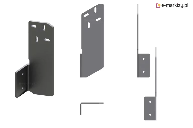 Grafika przedstawia technologiczną wizualizację oraz rzuty geometryczne metalowego uchwytu montażowego, przeznaczonego do instalacji systemów osłonowych. Element wykonany jest z płaskownika giętego pod kątem prostym, w kolorze ciemnoszarym/antracytowym. Wizualizacja 3D (po lewej): Przedstawia uchwyt w perspektywie. Widoczna jest długa, pionowa płyta główna ze ściętym górnym narożnikiem oraz prostopadle zagięta mniejsza stopa montażowa u dołu. Na bocznej stopie znajdują się dwa okrągłe otwory, natomiast w górnej części płyty głównej widoczna jest grupa czterech otworów o fasolkowym (owalnym) kształcie, rozmieszczonych w różnych orientacjach. Rzut z przodu (środek, góra): Płaski widok głównej płyty uchwytu, podkreślający układ otworów regulacyjnych na górze oraz charakterystyczne wcięcie na lewej krawędzi profilu. Rzut z góry (środek, dół): Schematyczny widok profilu w kształcie litery „L”, obrazujący grubość zastosowanego materiału oraz kąt gięcia elementu. Rzuty boczne i przekroje (po prawej): Dwa pionowe rysunki techniczne ukazujące element z boku. Górny rzut pokazuje stopę montażową skierowaną w lewo, z wyraźnie zaznaczonymi dwoma punktami mocowania. Dolny rzut stanowi lustrzane odbicie, prezentując stopę skierowaną w prawo.