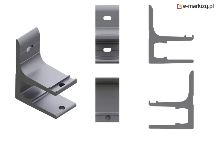 Rysunek techniczny oraz wizualizacja 3D szarego, metalowego uchwytu montażowego (prawdopodobnie wspornika markizy), przedstawionego w pięciu różnych rzutach na białym tle. Wizualizacja izometryczna (po lewej): Ukazuje bryłę elementu w kolorze antracytowym/szarym. Uchwyt ma kształt litery „L” z dodatkowym wzmocnieniem poprzecznym. Pionowa ścianka posiada podłużny otwór montażowy (fasolkę), a dwie poziome półki są zakończone wyprofilowanymi krawędziami. W dolnej i środkowej części widoczne są okrągłe otwory. Widok z przodu (środek, góra): Prezentuje pionową płaszczyznę z centralnie umieszczonym poziomym otworem o zaokrąglonych brzegach. Widok z góry (środek, dół): Przedstawia górną powierzchnię dolnej półki z widocznym otworem montażowym umieszczonym blisko zewnętrznej krawędzi. Przekroje boczne (po prawej): Dwa schematyczne rysunki profilu (lewy i prawy bok). Ukazują one wewnętrzną strukturę wspornika, w tym charakterystyczne wycięcia, wypustki na końcach poziomych ramion oraz zaokrąglone przejście między pionową a poziomą częścią konstrukcji.