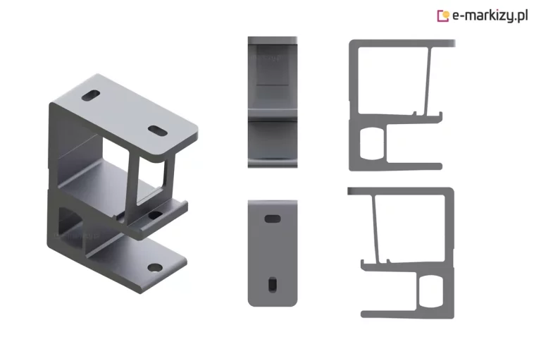 Grafika przedstawia trójwymiarowy model oraz rzuty techniczne uchwytu montażowego wykonanego z metalu (prawdopodobnie aluminium) w kolorze szarym. Widok izometryczny (po lewej): Ukazuje bryłę uchwytu o konstrukcji komorowej. Widoczne są dwie główne platformy poziome z wyciętymi owalnymi otworami montażowymi (fasolkami). Środkowa część posiada pionowe wsporniki tworzące otwartą przestrzeń wewnątrz profilu. Dolna część zakończona jest płaską stopą z pojedynczym otworem. Widok z góry i z boku (w środku): Dwa rzuty prezentujące rozmieszczenie otworów montażowych na płaskich powierzchniach uchwytu oraz proporcje grubości ścianek elementu. Przekroje poprzeczne (po prawej): Dwa schematyczne rysunki techniczne pokazujące wewnętrzną geometrię profilu. Widoczne są zróżnicowane grubości ścianek, wewnętrzne wzmocnienia, puste komory o kwadratowym i prostokątnym przekroju oraz specjalnie ukształtowane wypustki prowadzące lub montażowe. Dolny przekrój jest lustrzanym odbiciem górnego względem osi poziomej.
