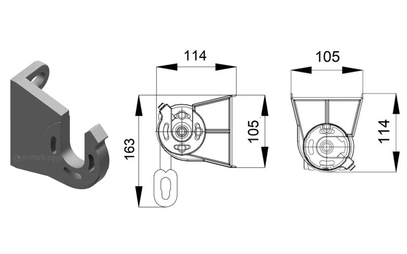 Rysunek techniczny i wizualizacja 3D uniwersalnego uchwytu mocującego rurę nawojową markizy Italia. Grafika składa się z trzech części prezentujących komponent z różnych perspektyw: Po lewej: Izometryczny model 3D ciemnoszarego uchwytu w kształcie litery „U” z widocznymi otworami montażowymi w tylnej części podstawy, służącymi do przykręcenia elementu do ściany lub sufitu. W środku: Schematyczny widok z boku (profil) z naniesionymi wymiarami w milimetrach. Szerokość całkowita uchwytu wynosi 114 mm, wysokość korpusu to 105 mm, natomiast całkowita wysokość wraz z uchem przekładni korbowej wynosi 163 mm. Po prawej: Schematyczny widok z przodu uchwytu. Podstawa montażowa ma szerokość 105 mm, a wysokość od osi obrotu rury nawojowej do górnej krawędzi wspornika wynosi 114 mm. Rysunek jest wykonany w czarno-białej stylistyce technicznej na białym tle, z wyraźnymi liniami pomocniczymi i strzałkami wymiarowymi, co pozwala na precyzyjne zaplanowanie miejsca montażu markizy.