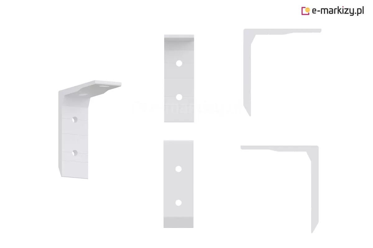 Uchwyt sufitowy do markiz Selt w kolorze białym przedstawiony w pięciu ujęciach: pod kątem, na wprost, od góry oraz z obu boków.