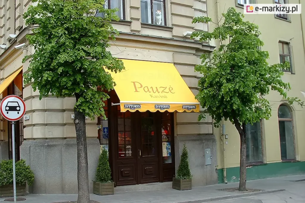 Markiza Italia bez kasety z ramionami do ściany o żółtym poszyciu z dużym nadrukiem logo nad belką przednią i falowanej falbanie z nadrukami logo producenta piwa zamontowana została na betonowej fasadzie budynku nad drewnianymi drzwiami wejścia do kawiarni usytuowanej w narożniku budynku, przed którym posadzono dwa drzewa liściaste i ustawiono kilka donic z roślinkami.