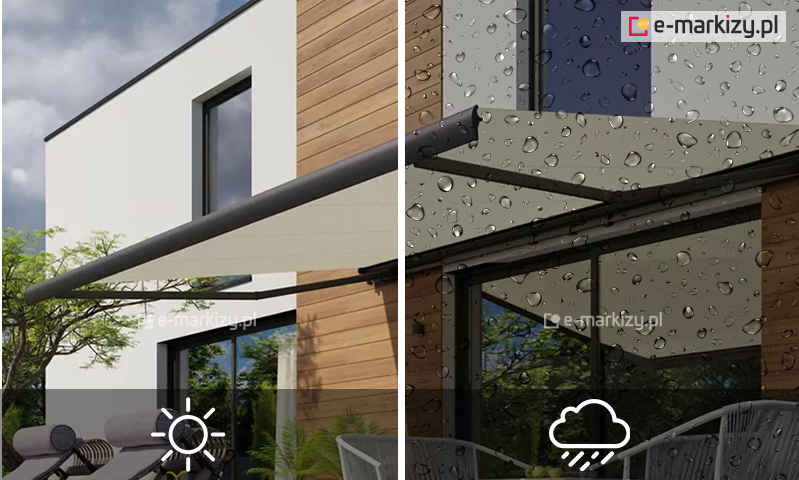 Zdjęcie przedstawia porównanie zastosowania markizy tarasowej w dwóch różnych warunkach atmosferycznych, ukazane na podzielonym pionowo kadrze. Lewa strona fotografii prezentuje nowoczesny budynek mieszkalny o białej elewacji z elementami drewnianej oblicówki w słoneczny dzień. Nad tarasem rozłożona jest duża, pozioma markiza o beżowym poszyciu, zamontowana na ciemnych, grafitowych profilach konstrukcyjnych. Pod markizą widoczne są meble ogrodowe, w tym leżaki z szarymi poduszkami oraz fragment przeszklonych drzwi tarasowych odbijających zieleń ogrodu. W dolnej części tej połowy znajduje się biała ikona słońca. Prawa strona zdjęcia przedstawia ten sam fragment tarasu i markizy, ale w trakcie deszczu, co zostało podkreślone naniesionym na obraz efektem dużych kropel wody na pierwszym planie. Kolorystyka tej części jest przyciemniona, sugerująca zachmurzenie. Na poszyciu markizy oraz elementach konstrukcyjnych widoczne są drobne krople wody, co wskazuje na wodoodporne właściwości materiału. W dolnej części tej połowy umieszczona jest biała ikona chmury z padającym deszczem. Całość kompozycji ma za zadanie zademonstrować funkcjonalność i wytrzymałość osłony przeciwsłonecznej zarówno podczas upału, jak i opadów atmosferycznych.