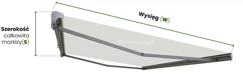 Markiza tarasowa Palladio Selt pomiar szerokości i wysięgu przedstawiony na przykładowej całkowicie rozwiniętej osłonie z grafitową konstrukcją i jasnym poszyciem na białym tle. Po lewej stronie, od skrajów bocznych zaślepek markizy poprowadzono w bok dwie przerywane linie, pomiędzy którymi zamieszczona została zielona dwukierunkowa strzałka. Obok strzałki po lewej jej stronie napis "szerokość całkowita markizy (S)". Ponad markizą, od skraju mocowania do ściany oraz od skraju belki przedniej poprowadzono w górę dwie przerywane linie, pomiędzy którymi zamieszczono zieloną dwukierunkową strzałkę. Nas strzałką napis "wysięg (W)".