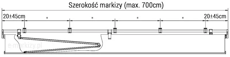Rysunek techniczny przedstawiający schemat szerokości markizy tarasowej z oznaczeniem maksymalnego wymiaru do 700 cm. Przekrój poziomy pokazuje rozmieszczenie uchwytów montażowych oraz ramion przegubowych ukrytych pod profilem frontowym. Na schemacie zaznaczono symetryczne odległości montażowe bocznych uchwytów wynoszące od 20 do 45 cm od krawędzi bocznych oraz równomierny rozstaw punktów mocowania środkowego profilu, oznaczony symbolami równości. Rysunek wykonany w formie czarnej linii na białym tle.