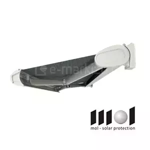 Markiza tarasowa Presto Plus z zaokrągloną białą kasetą na masywnych uchwytach ściennych