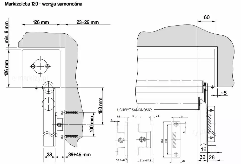 Rysunek techniczny przedstawia schemat produktu markizoroleta 120 Aluprof rodzaje prowadnic. Na ilustracji przedstawiono szczegóły montażu systemu markizoleta 120 w wersji samonośnej, zawierający szczegółowe rzuty z wymiarowaniem w milimetrach. Po lewej stronie widoczny jest przekrój boczny ukazujący kwadratową kasetę o wymiarach 126 mm na 126 mm, zamontowaną we wnęce z zachowaniem minimalnego odstępu 8 mm od góry. Poniżej kasety znajduje się uchwyt samonośny mocowany do ściany za pomocą kołków rozporowych, przy czym rozstaw otworów montażowych wynosi 100 mm, a całkowita wysokość uchwytu to 150 mm. Prawa część rysunku pokazuje widok z przodu z detalami prowadnicy bocznej o szerokości 32 mm oraz mechanizmu odchylnego. Na schemacie wyszczególniono również wymiary samego uchwytu samonośnego w różnych rzutach, wskazując na odległość osi prowadnicy od ściany wynoszącą od 39 mm do 45 mm. Dokumentacja techniczna precyzuje kluczowe odległości montażowe, w tym głębokość osadzenia kasety oraz parametry techniczne komponentów nośnych systemu.