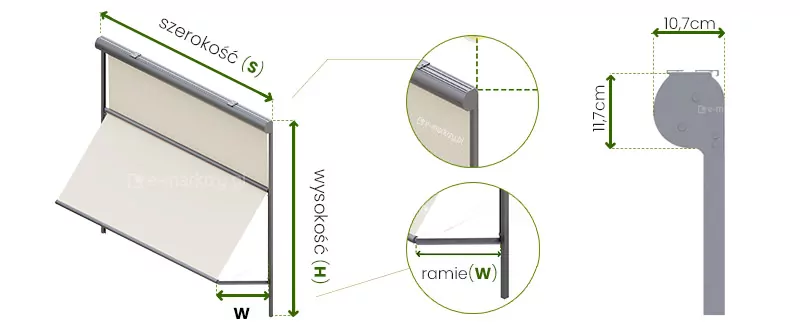 Grafika techniczna przedstawia schemat pomiaru parametrów zewnętrznej osłony okiennej markizoleta 103, prezentując produkt w rzucie izometrycznym oraz profilu bocznym. Na głównym rysunku po lewej stronie przedstawiono produkt markizoroleta 103 Aluprof pomiar, na którym zaznaczono kluczowe wymiary: szerokość całkowitą (S) mierzoną wzdłuż kasety oraz wysokość całkowitą (H) obejmującą prowadnicę pionową. W dolnej części widoczne jest wysunięte ramię oznaczone literą (w), które odpowiada za charakterystyczne dla tego modelu wychylenie dolnej części tkaniny. Dwa okrągłe zbliżenia szczegółowo pokazują górny narożnik kasety oraz punkt łączenia ramienia z prowadnicą boczną. Po prawej stronie umieszczono przekrój boczny kasety, podając jej precyzyjne wymiary zewnętrzne: wysokość 11,7 cm oraz głębokość 10,7 cm. Całość utrzymana jest w stonowanej kolorystyce z szarymi elementami konstrukcyjnymi i jasną tkaniną, a zielone strzałki pomocnicze wskazują punkty styku dla prawidłowego wykonania pomiarów.