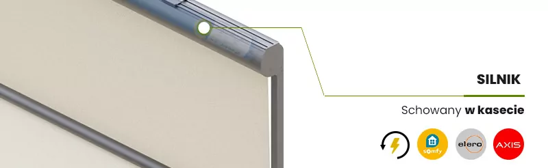 Grafika produktowa przedstawia szczegół konstrukcyjny napędu elektrycznego w systemie markizoleta 103 aluprof, skupiając się na umiejscowieniu jednostki sterującej. Na zbliżeniu widoczny jest prawy narożnik antracytowej, zaokrąglonej kasety, w której wnętrzu, za pomocą efektu półprzezroczystości i zielonego punktu, wskazano silnik schowany w rurze nawojowej. Po prawej stronie umieszczono napis „SILNIK Schowany w kasecie”, a poniżej zestawienie logotypów producentów automatyki: Somfy, Elero oraz Axis. Ilustracja podkreśla estetykę rozwiązania, w którym wszystkie elementy mechaniczne napędu są całkowicie ukryte wewnątrz obudowy, co chroni je przed czynnikami zewnętrznymi i nie wpływa na wygląd elewacji.
