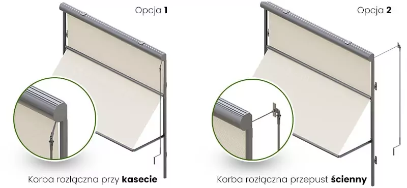 Grafika przedstawia dwa warianty produktu markizoleta 103 Aluprof napęd ręczny - w dwóch wersjach, pokazane na przykładzie modelu z jasną tkaniną i szarą kasetą. Na ilustracji po lewej stronie, oznaczonej jako Opcja 1, zaprezentowano wariant, w którym korba rozłączna znajduje się bezpośrednio przy kasecie na zewnątrz budynku. Zbliżenie w okręgu uwidacznia miejsce wpięcia drążka korby do mechanizmu osłony pod kasetą. Na ilustracji po prawej stronie, opisanej jako Opcja 2, widoczna jest markizoleta 103 z mechanizmem wykorzystującym przepust ścienny. W tym rozwiązaniu drążek napędowy przechodzi przez ścianę budynku, co umożliwia operowanie osłoną z wnętrza pomieszczenia. Oba schematy szczegółowo obrazują konstrukcję prowadnic oraz charakterystyczny dla tego modelu załom tkaniny, który w dolnej części tworzy daszek pod kątem, podczas gdy górna część materiału pozostaje w płaszczyźnie pionowej.