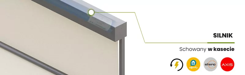 Grafika produktowa przedstawia szczegół konstrukcyjny napędu elektrycznego w systemie markizoleta 120 aluprof, skupiając się na umiejscowieniu jednostki sterującej. Na zbliżeniu widoczny jest prawy narożnik antracytowej, prostokątnej kasety, w której wnętrzu, za pomocą efektu półprzezroczystości i zielonego punktu, wskazano silnik schowany w rurze nawojowej. Po prawej stronie umieszczono napis „SILNIK Schowany w kasecie”, a poniżej zestawienie logotypów producentów automatyki: Somfy, Elero oraz Axis. Ilustracja podkreśla estetykę rozwiązania, w którym wszystkie elementy mechaniczne napędu są całkowicie ukryte wewnątrz obudowy, co chroni je przed czynnikami zewnętrznymi i nie wpływa na wygląd elewacji.