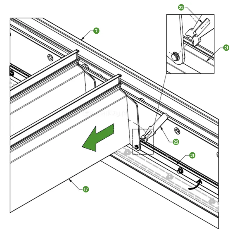 Rysunek techniczny o charakterze montażowym składa się z dwóch detali obrazujących proces instalacji i blokowania lameli (piór) w konstrukcji pergoli SB350 Selt. Lewa ilustracja przedstawia zbliżenie na rynnę boczną (numer 7), do której dosuwana jest lamel (numer 17). Zielona strzałka wskazuje kierunek montażu pióra wzdłuż profilu. Wzdłuż rynny widoczne są kostki montażowe (numer 23), które służą jako punkty oparcia dla osi obrotu lameli. Prawa ilustracja pokazuje kolejny etap, w którym lamel (numer 17) jest już osadzona w rynnie. Dodatkowe zbliżenie w prawym górnym rogu oraz główne ujęcie prezentują proces zabezpieczania pióra za pomocą specjalnej zawleczki blokującej (numer 22). Zawleczka ta jest wsuwana na trzpień osi pióra (numer 21), co zapobiega jego przypadkowemu wysunięciu. Na rysunku widoczne są również śruby montażowe (numer 24) oraz podkładki (numer 25) mocujące elementy prowadzące. Całość dokumentacji wykonana jest w formie precyzyjnego czarnego rysunku liniowego na białym tle z zielonymi znacznikami numerycznymi, co pozwala na jasną identyfikację drobnych komponentów mechanicznych odpowiedzialnych za bezpieczną pracę ruchomego dachu.