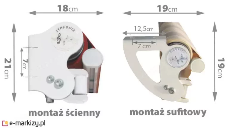 Wymiary kasety markizy Vivo MOL w zależności od sposobu montażu, po lewej nad napisem "montaż ścienny" widoczna od boku osłona z wymiarami oznaczonymi strzałkami dwukierunkowymi, na wysokości "21 cm", rozstaw mocowań "7 cm", szerokość "18 cm", po prawej nad napisem "montaż sufitowy" widoczna od boku osłona z wymiarami oznaczonymi strzałkami dwukierunkowymi, na wysokości "19 cm", na szerokości "19 cm", długość uchwytu "12 cm" oraz rozstaw mocowań "7 cm". Zdjęcie prezentuje montaż markizy Vivo MOL w wersji ściennej oraz sufitowej.