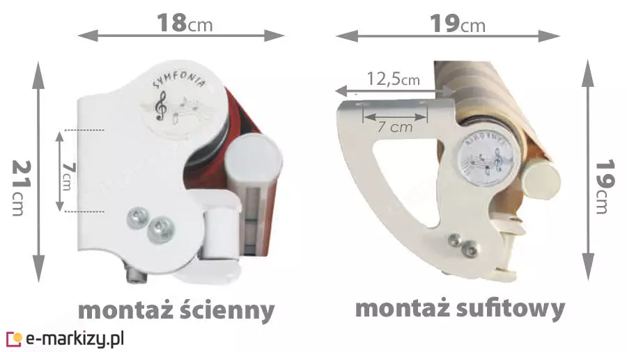 Wymiary kasety markizy Vivo MOL w zależności od sposobu montażu, po lewej nad napisem "montaż ścienny" widoczna od boku osłona z wymiarami oznaczonymi strzałkami dwukierunkowymi, na wysokości "21 cm", rozstaw mocowań "7 cm", szerokość "18 cm", po prawej nad napisem "montaż sufitowy" widoczna od boku osłona z wymiarami oznaczonymi strzałkami dwukierunkowymi, na wysokości "19 cm", na szerokości "19 cm", długość uchwytu "12 cm" oraz rozstaw mocowań "7 cm"