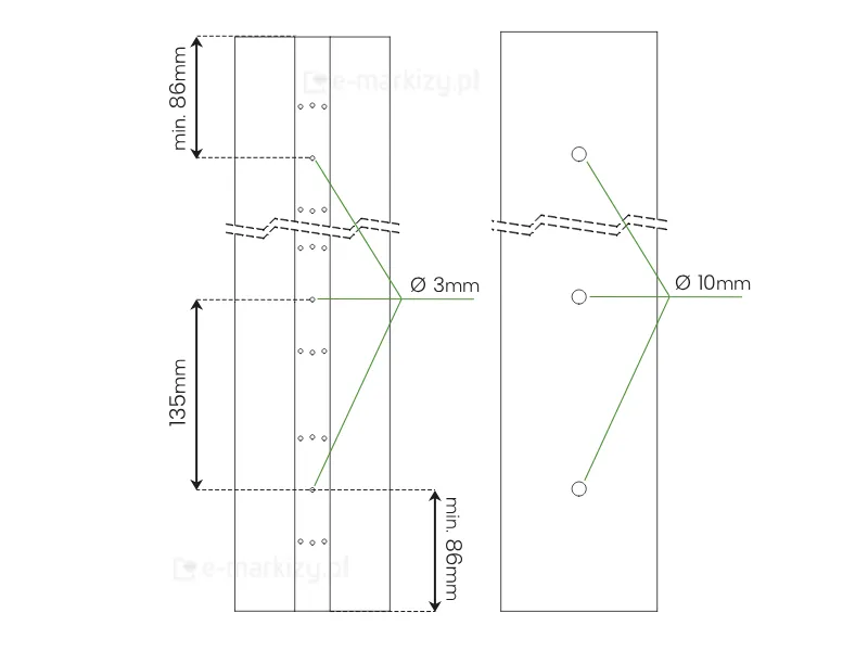 Rysunek techniczny przedstawia schemat otworowania dwóch pionowych elementów konstrukcyjnych panelu żaluzjowego Louvre z obracanymi lamelami, z precyzyjnym wymiarowaniem rozmieszczenia punktów wiercenia. Na lewym profilu, który jest węższy i posiada zaznaczoną środkową sekcję montażową, widoczne są małe otwory o średnicy trzech milimetrów, co zostało oznaczone symbolem fi trzy milimetry z zielonymi liniami pomocniczymi. Odległość od górnej krawędzi profilu do pierwszego otworu wynosi minimum osiemdziesiąt sześć milimetrów, identyczna wartość minimalna osiemdziesięciu sześciu milimetrów została zachowana od dolnej krawędzi do ostatniego otworu. Odstęp pomiędzy osiami kolejnych otworów w pionie wynosi dokładnie sto trzydzieści pięć milimetrów. Prawy element na schemacie przedstawia szerszy profil z naniesionymi większymi otworami o średnicy dziesięciu milimetrów, co opisano symbolem fi dziesięć milimetrów. Rozmieszczenie tych otworów odpowiada osiom wyznaczonym na lewym rysunku, co sugeruje ich wzajemną korelację montażową. Oba profile posiadają przerwę w rysunku zaznaczoną liniami zygzakowatymi, co informuje o opcjonalnej długości elementu, która nie wpływa na stałe parametry rozstawu skrajnych i środkowych punktów. Całość dokumentacji jest przygotowana w formie czarnego rysunku liniowego na czystym białym tle, wykorzystując standardowe oznaczenia inżynieryjne dla średnic i wymiarów liniowych.