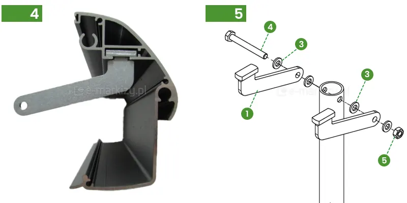 Zestawienie dwóch zdjęć prezentujących kolejne kroki montażu podpory standard do markiz Selt. Zdjęcie numer 4 przedstawia przekrój techniczny aluminiowego profilu przedniego markizy w kolorze antracytowym z zamontowanym stalowym uchwytem. Srebrny element montażowy w kształcie litery L jest wsunięty dłuższą częścią w górną szynę profilu, a jego ramię z otworem na końcu wystaje na zewnątrz pod kątem prostym. Konstrukcja profilu ukazuje wewnętrzne komory wzmacniające oraz dolną rynnę odpływową, co obrazuje sposób mechanicznego połączenia akcesoriów z belką markizy. Zdjęcie numer 5 to schemat techniczny złożeniowy przedstawiający sposób montażu głowicy podpory teleskopowej. Rysunek prezentuje rurę podpory z otworami, do której z dwóch stron przykładane są dwa stalowe uchwyty hakowe (1). Całość jest łączona za pomocą długiej śruby (4) przechodzącej przez zestaw podkładek (3) oraz otwory w uchwytach i rurze, a następnie zabezpieczana nakrętką (5). Elementy są ponumerowane zielonymi znacznikami, co ułatwia identyfikację poszczególnych części składowych systemu mocowania.