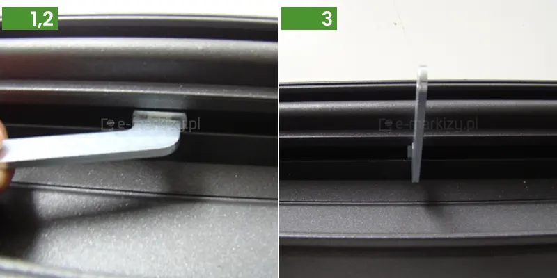 Zestawienie zdjęć prezentujących kolejne kroki montażu podpór do markiz Standard. Zdjęcie numer 1,2 przedstawia zbliżenie na proces wprowadzania prostokątnej nakrętki młoteczkowej do kanału montażowego profilu markizy w kolorze antracytowym. Metalowy element o srebrnym wykończeniu jest trzymany poziomo i wsuwany w szczelinę techniczną profilu przedniego. Powierzchnia profilu ma matową, ziarnistą strukturę, a widoczne wzdłużne przetłoczenia wyznaczają ścieżkę prowadzenia komponentów montażowych. Zdjęcie numer 3 ukazuje nakrętkę młoteczkową po jej prawidłowym umieszczeniu i obróceniu wewnątrz kanału montażowego profilu. Element jest teraz ustawiony pionowo, prostopadle do osi profilu, co blokuje go wewnątrz szyny i przygotowuje do wkręcenia trzpienia podpory. Stabilne osadzenie nakrętki wewnątrz antracytowej belki aluminiowej jest kluczowym etapem pozwalającym na dalszą instalację akcesoriów stabilizujących markizę.