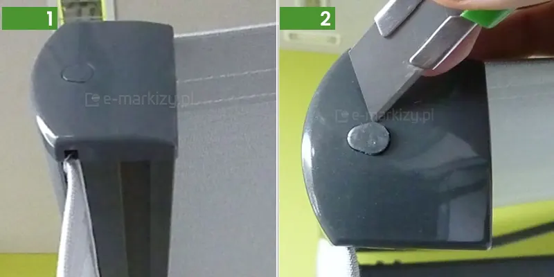 Montaż podpory markizowej LUX selt krok po kroku. Po lewej widoczna od boku belka przednia markizy z widoczną grafitową zaślepką z PCV oraz jasnym poszyciem. W lewym górnym rogu zamieszczono zielony prostokąt z wpisaną w niego cyfrą "1" wyjustowaną do prawej krawędzi. Po prawej pokazano demontaż plastikowej zaślepki belki przedniej za pomocą nożyka do tapet. W lewym górnym rogu zielony prostokąt z przysuniętą do prawej krawędzi liczą "2" wewnątrz, liczba w kolorze białym.