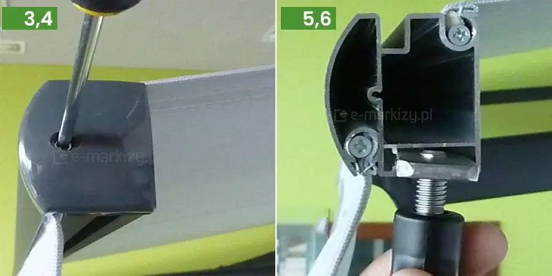 Zestawienie dwóch zdjęć prezentujących kolejne kroki montażu podpory Lux do markiz Selt. Zdjęcie numer 3,4 przedstawia zbliżenie na proces montażu elementu markizy przy użyciu śrubokręta z żółto-czarną rękojeścią. Narzędzie jest włożone w otwór montażowy znajdujący się w górnej części szarej, profilowanej zaślepki bocznej markizy. Zaślepka ma obły kształt i jest dopasowana do aluminiowego profilu, z którego wysunięta jest biało-szara tkanina poszycia. Tło jest nieostre, w jasnozielonym kolorze. Zdjęcie numer 5,6 ukazuje przekrój poprzeczny aluminiowego profilu przedniego markizy wraz z zamontowaną podporą. Wewnątrz komory profilu widoczne są wkręty mocujące oraz kanały montażowe. W dolnej części profilu znajduje się wsunięta w szynę prostokątna nakrętka młoteczkowa, w którą wkręcony jest gwintowany trzpień podpory teleskopowej. Trzpień zakończony jest czarnym elementem z tworzywa sztucznego, trzymanym przez dłoń montera. Z lewej strony profilu widoczna jest boczna osłona oraz fragment tkaniny markizowej.