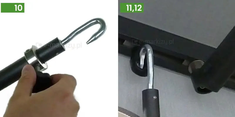 Montaż podpory markizowej Lux Selt w dwóch kolejnych krokach. Po lewej ludzka dłoń odkręca czarną śrubę w celu wydłużenia podpory w kolorze czarnym, z wyraźnie widocznym zaczepem hakowym w kolorze srebrnym. Całość ukazana na białym tle, w lewym górnym rogu zielony prostokąt z umieszczoną wewnątrz, wyrównaną do prawej krawędzi, cyfrą "10". Po prawej zaczep hakowy w kolorze srebrnym ukazany jest w momencie wsuwania go w zaczep wsunięty w belkę przednią markizy, w pobliżu łącznika ramienia. W lewym górnym rogu umieszczono zielony prostokąt, a w nim napis w kolorze białym "11,12".