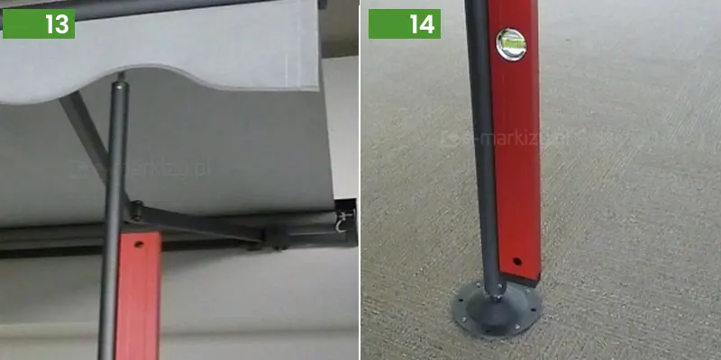 Zestawienie dwóch zdjęć prezentujących kolejne kroki montażu podpró do markiz Lux. Zdjęcie numer 13 przedstawia widok od dołu na rozłożoną markizę z zamontowaną pionową podporą teleskopową w kolorze antracytowym. Górna część podpory jest połączona z profilem przednim markizy, z którego zwiesza się falbanka o falistym kroju w jasnym kolorze. W tle widoczne jest ramię przegubowe markizy oraz spód tkaniny poszycia. Przy dolnej części podpory znajduje się fragment czerwonej poziomicy, używanej do weryfikacji pionowego ustawienia słupka. Zdjęcie numer 14 ukazuje dolną część podpory markizowej osadzonej na okrągłej stopie montażowej przytwierdzonej do podłoża. Stopa posiada otwory na śruby mocujące i jest połączona z profilem podpory za pomocą przegubu. Do bocznej powierzchni antracytowej podpory przyłożona jest długa, czerwona poziomica z widocznym oczkiem libelli, co wskazuje na proces precyzyjnego pionowania konstrukcji. Podłoże stanowi jasnoszara, chropowata powierzchnia tarasu lub balkonu.