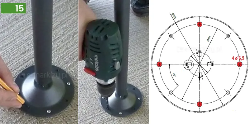 Montaż podpory do markiz Plus Selt w trzech ujęciach. Od lewej: ustawiona na podłożu podstawka podpory, w której cienkopisem ludzka ręka oznacza miejsca mocowania. W lewym górnym rogu zielony prostokąt, w którym umieszczono wyjustowana do prawej cyfrę "15". Pośrodku, poprzez otwory w podstawce umieszczonej na podłożu wykonywane są wiertarką otwory pod śruby. Po prawej schemat budowy podstawki podpory ze wskazanymi elementami jej budowy oraz ich wymiarami.
