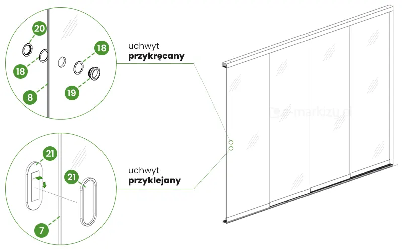 Grafika przedstawia schematyczny rysunek techniczny dwóch wariantów montażu uchwytów w systemie przesuwnym szklanych ścian Auris. Po prawej stronie widoczna jest poglądowa ilustracja czterech szklanych paneli drzwiowych zamontowanych w prowadnicach, z zaznaczonym miejscem instalacji akcesoriów na krawędzi pierwszego skrzydła. Lewa część grafiki zawiera dwa szczegółowe rzuty aksonometryczne w okręgach, opisujące poszczególne rozwiązania. Górny schemat prezentuje uchwyt przykręcany, składający się z okrągłych elementów montażowych (oznaczonych numerami 18, 19, 20 i 8), które wymagają nawiercenia otworu w szkle. Dolny schemat przedstawia alternatywny uchwyt przyklejany w kształcie podłużnego owalu (elementy oznaczone numerami 7 i 21), mocowany bezpośrednio do powierzchni tafli za pomocą warstwy klejącej. Całość jest utrzymana w przejrzystej, technicznej stylistyce z wyraźną numeracją części i zielonymi liniami pomocniczymi.