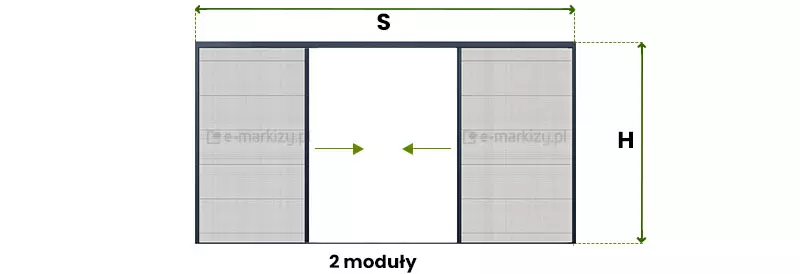 Grafika techniczna przedstawia schemat konstrukcyjny i sposób pomiaru dwumodułowej moskitiery Top-Zag w widoku od przodu. Produkt składa się z ciemnej, prostokątnej ramy zewnętrznej, wewnątrz której znajdują się dwa przesuwne moduły boczne wypełnione szarą siatką o strukturze plisowanej. Pomiędzy modułami widoczna jest wolna przestrzeń, a na krawędziach profili wewnętrznych umieszczono dwie czarne strzałki skierowane do środka, co wskazuje na dwustronny, centralny system zamykania moskitiery. Na schemacie naniesiono oznaczenia wymiarowe w kolorze zielonym. Szerokość całkowita ramy została oznaczona dużą literą S umieszczoną nad poziomą, dwustronną strzałką rozciągającą się nad górną krawędzią konstrukcji. Wysokość całkowita została oznaczona dużą literą H przy pionowej, dwustronnej strzałce znajdującej się po prawej stronie schematu. Pod grafiką widnieje wyśrodkowany napis 2 moduły, który precyzuje wariant konstrukcyjny moskitiery Top-Zag. Całość prezentowana jest na białym tle w formie przejrzystego rysunku instruktażowego ułatwiającego prawidłowe zwymiarowanie osłony.