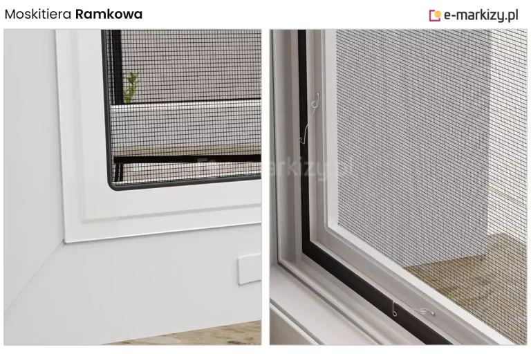 Moskitiera ramkowa okienna z aluminiowym profilem i kołnierzem przylegającym do ramy okna. Na zdjęciu widoczne są zaczepy sprężynowe, które umożliwiają szybki i bezinwazyjny montaż moskitiery bez wiercenia. Kołnierz stabilizuje całą konstrukcję i zapewnia estetyczne wykończenie, a sprężyny dociskowe utrzymują ramkę pewnie w otworze okiennym, zapewniając skuteczną ochronę przed owadami.