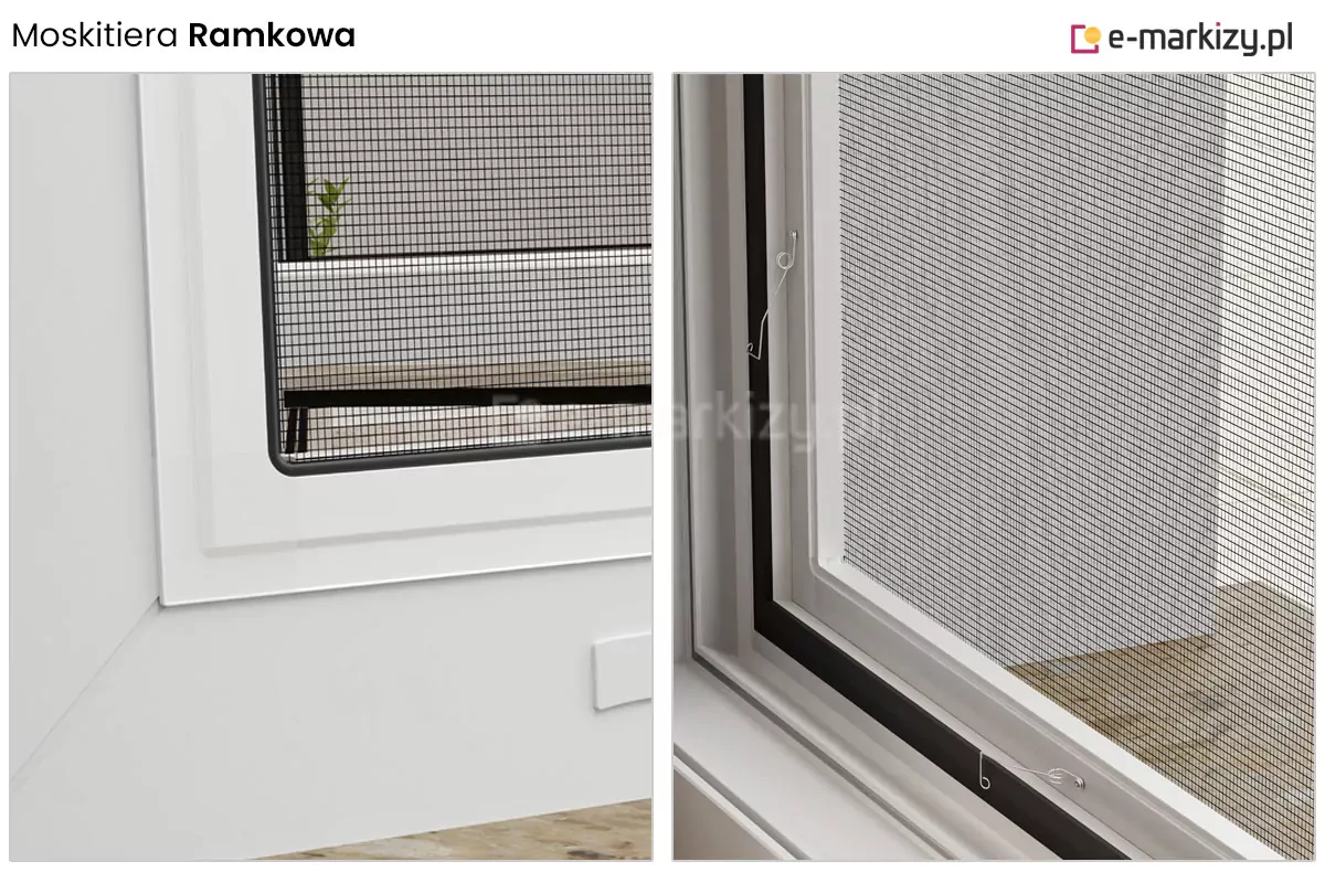 Moskitiera ramkowa okienna z aluminiowym profilem i kołnierzem przylegającym do ramy okna. Na zdjęciu widoczne są zaczepy sprężynowe, które umożliwiają szybki i bezinwazyjny montaż moskitiery bez wiercenia. Kołnierz stabilizuje całą konstrukcję i zapewnia estetyczne wykończenie, a sprężyny dociskowe utrzymują ramkę pewnie w otworze okiennym, zapewniając skuteczną ochronę przed owadami.