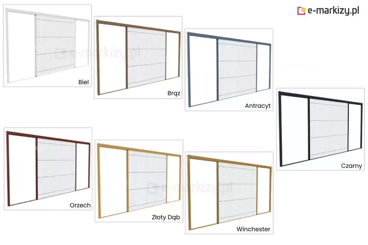 Grafika przedstawia zestawienie siedmiu wariantów kolorystycznych ramy moskitiery przesuwnej Top-Zag przeznaczonej do otworów drzwiowych. Każdy panel prezentuje tę samą konstrukcję składającą się z prostokątnej ramy zewnętrznej oraz przesuwnego skrzydła wypełnionego białą, drobno plecioną siatką o strukturze harmonijkowej. W górnym rzędzie od lewej strony widoczna jest moskitiery w kolorze białym opisanym jako Biel, następnie model w ciemniejszym odcieniu brązowym oznaczony jako Brąz oraz wersja w kolorze ciemnoszarym podpisanym jako Antracyt. Poniżej, w drugim rzędzie, umieszczono cztery kolejne warianty kolorystyczne ramy. Pierwszy od lewej to głęboki, czerwonawy brąz z etykietą Orzech, obok znajduje się jasny, słomkowy odcień drewna opisany jako Złoty Dąb, a następnie nieco ciemniejszy i bardziej nasycony odcień dębu o nazwie Winchester. Po prawej stronie, nieco powyżej dolnej linii pozostałych grafik, znajduje się ostatni model z ramą w kolorze głębokiej czerni opisany jako Czarny. Wszystkie warianty kolorystyczne moskitiery Top-Zag są przedstawione w rzucie perspektywicznym, ukazującym białą siatkę częściowo odsłoniętą, co obrazuje mechanizm przesuwny produktu.