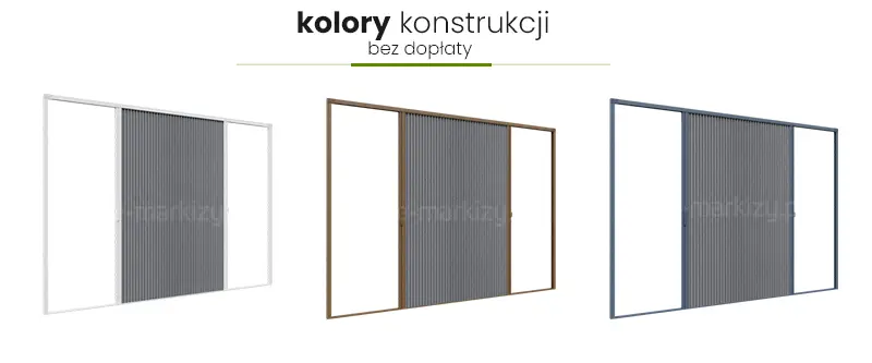 Grafika informacyjna przedstawia zestawienie trzech podstawowych wariantów kolorystycznych, w jakich oferowana jest moskitiera Zig-Zag bez dodatkowych kosztów za personalizację barwną. W górnej części obrazu widnieje czarny napis kolory konstrukcji, a pod nim tekst bez dopłaty, który podkreślono cienką zieloną linią z wyraźniejszym akcentem w centralnym punkcie. Poniżej zaprezentowano trzy wizualizacje szerokich konstrukcji moskitier drzwiowych, każda z centralnie umieszczonym pakietem siatki plisowanej w kolorze grafitowym lub ciemnoszarym. Pierwszy model od lewej posiada ramę w kolorze klasycznej, czystej bieli. Środkowa wizualizacja przedstawia profil w odcieniu ciemnego brązu, przypominającym kolor czekoladowy lub palisander. Trzecia makieta po prawej stronie prezentuje konstrukcję w kolorze antracytowym, czyli bardzo ciemnym, matowym odcieniu szarości. Wszystkie trzy moskitiery Zig-Zag ukazane są w tej samej perspektywie, co pozwala na łatwe porównanie wyglądu aluminiowych profili w zestawieniu z charakterystyczną, harmonijkową strukturą siatki ochronnej.