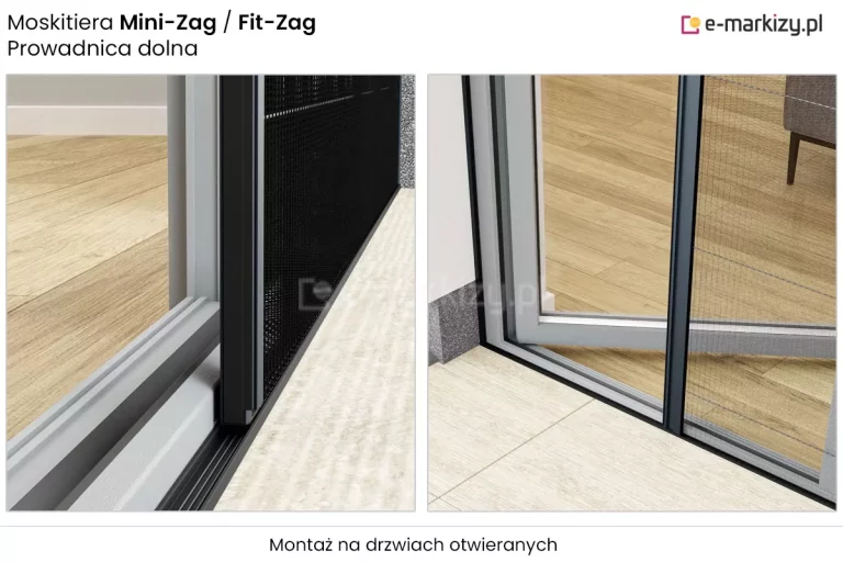 Wizualizacja techniczna i produktowa podzielona na dwa kadry, prezentująca szczegóły konstrukcyjne oraz dolną prowadnicę moskitiery plisowanej dedykowanej do drzwi balkonowych i tarasowych. W górnej lewej części grafiki umieszczono napisy informacyjne czarną czcionką wskazujące nazwę modelu Moskitiera Mini-Zag lub Fit-Zag oraz dopisek określający element konstrukcyjny, czyli prowadnica dolna, natomiast na dole grafiki znajduje się napis informujący o sposobie instalacji jako montaż na drzwiach otwieranych. Lewy kadr przedstawia makietę w bliskim zbliżeniu pod dużym kątem, ukazując ultra-niski, czarny profil prowadnicy dolnej zamontowany bezpośrednio na podłożu przy białym progu drzwiowym. W korycie prowadnicy osadzony jest pionowy, ruchomy profil skrzydła moskitiery w kolorze czarnym wraz z fragmentem gęstej, ciemnej siatki ochronnej, a w tle widoczna jest jasna podłoga imitująca drewniane panele. Prawy kadr pokazuje ten sam system z szerszej perspektywy, prezentując narożnik otwartych skrzydłowo drzwi balkonowych z białą ramą, na tle których zamontowano przesuwną moskitierę w ciemnej obudowie. Przez szarą, plisowaną siatkę moskitiery z poziomymi liniami napinającymi prześwituje wnętrze pomieszczenia z jasną, drewnopodobną podłogą oraz fragmentem mebla, podczas gdy na zewnątrz widoczne są jasne płytki tarasowe i strukturalny cokół ściany.