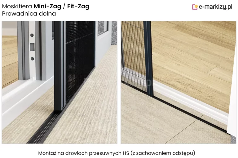 Graficzna wizualizacja techniczno-produktowa podzielona na dwa prostokątne kadry, obrazująca specyfikę montażu dolnej prowadnicy moskitiery plisowanej w systemie drzwi przesuwnych typu HS. W górnej lewej sekcji obrazu znajduje się czarny tekst informujący o marce i wariancie produktu jako Moskitiera Mini-Zag lub Fit-Zag wraz z dopiskiem określającym detal konstrukcyjny, czyli prowadnica dolna, natomiast na dole umieszczono podpis wyjaśniający rodzaj instalacji jako montaż na drzwiach przesuwnych HS z zachowaniem odstępu. Lewy kadr przedstawia makietę w bliskim ujęciu perspektywicznym, gdzie wzdłuż krawędzi białego, wielotorowego progu przesuwnego zamontowano ultra-niski, czarny profil prowadnicy dolnej moskitiery. W prowadnicy osadzona jest pionowa rama ruchomego skrzydła osłony w kolorze czarnym z fragmentem gęstej, ciemnej siatki plisowanej, a po prawej stronie widoczne jest jasne podłoże tarasowe o delikatnej strukturze. Prawy kadr ukazuje ten sam system z szerszego punktu widzenia, prezentując przebieg wąskiej, czarnej szyny dolnej na granicy wewnętrznych paneli podłogowych imitujących jasne drewno oraz zewnętrznych płytek tarasowych. Ciemny profil pionowy moskitiery wraz z rozciągniętą siatką o regularnych, pionowych plisach jest zamontowany równolegle do białego progu drzwi tarasowych, precyzyjnie pokazując techniczny dystans zapewniający bezkolizyjne działanie obu systemów przesuwnych.