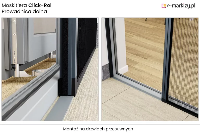 Szczegółowe zestawienie techniczne prezentujące sposób montażu prowadnicy dolnej w systemie moskitiery plisowanej Click-Rol na drzwiach przesuwnych. Obraz składa się z dwóch zbliżeń ukazujących precyzję instalacji komponentów przy podłożu. Lewa część grafiki koncentruje się na technicznym detalu osadzenia mechanizmu prowadzącego, gdzie widoczna jest aluminiowa szyna montażowa w kolorze szarym, usytuowana bezpośrednio przy progu drzwiowym, oraz elementy stabilizujące konstrukcję moskitiery na podłodze wykończonej jasnym panelem drewnopodobnym. Widać tutaj wyraźnie profil pionowy z uszczelką szczotkową, która zapewnia szczelność styku moskitiery z ramą drzwiową. Prawa strona zdjęcia ukazuje widok szerszego planu montażowego, prezentujący przejście między posadzką wewnętrzną a zewnętrzną, gdzie cienka prowadnica dolna stanowi estetyczne i niskoprofilowe wykończenie umożliwiające swobodne przesuwanie siatki harmonijkowej. Całość dokumentuje techniczne rozwiązanie, które pozwala na komfortowe korzystanie z przejścia tarasowego przy zachowaniu ochrony przed owadami, zwracając uwagę na minimalną wysokość progu oraz wysoką jakość spasowania elementów systemu Click-Rol z konstrukcją drzwi przesuwnych.