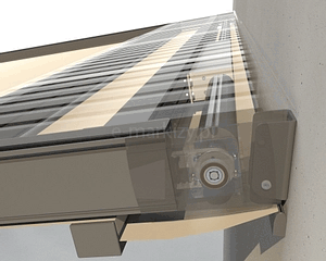Wizualizacja umieszczenia silnika elektrycznego w konstrukcji pergoli Square zamocowanej do ściany, napęd schowany pod daszkiem ochronnym.