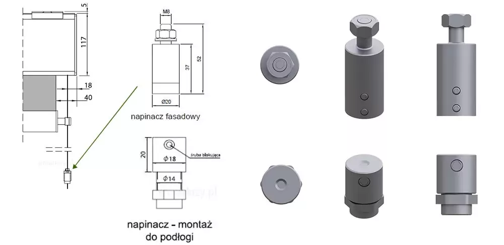 Rysunek techniczny przedstawia szczegółową specyfikację oraz wizualizację dwóch rodzajów napinaczy linki do systemów przeciwsłonecznych: napinacza fasadowego oraz napinacza do montażu podłogowego. Po lewej stronie znajduje się schemat instalacyjny pokazujący umiejscowienie napinacza względem kasety o wysokości 117 mm, z zaznaczonymi odległościami montażowymi wynoszącymi 18 mm i 40 mm. Środkowa część rysunku zawiera dokładne wymiarowanie obu elementów: napinacz fasadowy ma średnicę 20 mm, wysokość korpusu 37 mm, całkowitą wysokość 52 mm i jest zwieńczony gwintem M8, natomiast napinacz podłogowy o wysokości 20 mm posiada otwór na śrubę blokującą oraz dwa stopnie średnicy wynoszące 18 mm i 14 mm. Prawa strona grafiki prezentuje trójwymiarowe rendery obu komponentów w kolorze szarym, ukazane w rzutach z góry, pod kątem oraz z boku, co pozwala na dokładne przyjrzenie się ich cylindrycznej budowie, otworom stabilizującym oraz elementom mocującym. Całość jest opisana w języku polskim i zawiera precyzyjne linie wymiarowe, służąc jako instrukcja techniczna do prawidłowego doboru i montażu systemu napinania linki.