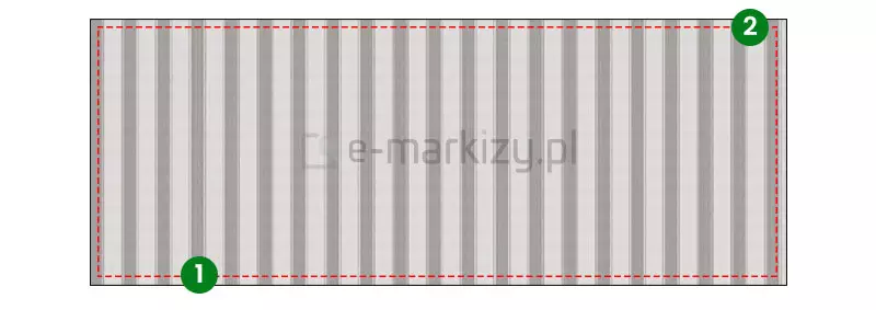 Prostokąt w szare i beżowe pasy z wykonanym przerywaną czerwoną linią obrysem po wewnętrznej stronie obwodu z zaznaczonymi cyferkami umieszczonymi w zielonym kółku: 1 w lewym dolnym narożniku, 2 - w prawym górnym narożniku. Całość umieszczona na białym tle.
