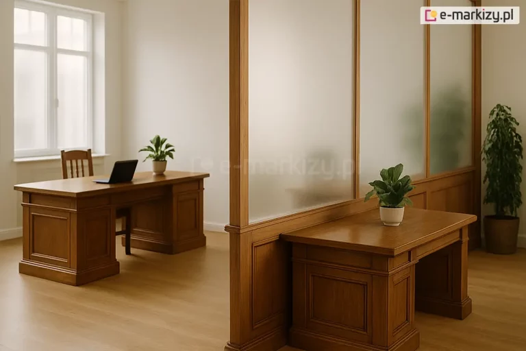 Aranżacja przestrzeni biurowej, w której jako ściankę działową wykorzystano system okien stałych z wypełnieniem z matowego poliwęglanu lub piaskowanego szkła. Rama ścianki oraz dolna część zabudowy z ozdobnymi kasetonami wykonane są z drewna w ciepłym, miodowym odcieniu. Konstrukcja dzieli pomieszczenie na dwa stanowiska pracy, wyposażone w masywne, drewniane biurka o klasycznym designie. Na biurkach ustawione są laptopy oraz małe rośliny doniczkowe, a w tle po lewej stronie widoczne jest białe okno o tradycyjnym podziale szprosowym, wpuszczające do wnętrza rozproszone światło dzienne.