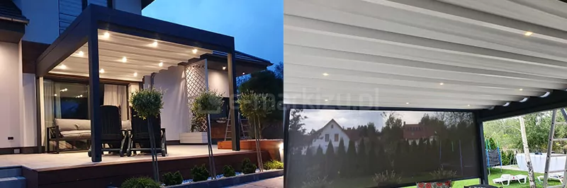 Pergola Tarasola Flat ustawiona na tarasie przy domku jednorodzinnym oświetlona umieszczonymi w dachu punktami świetlnymi, dzięki czemu widoczne są meble na tarasie oraz otoczenie mimo zapadającego zmroku. Po prawej ta sama pergola ukazana od środka w jasny dzień. Punkty świetlne w dachu świecą słabiej niż wieczorem, a ścianę frontową przesłania roleta screen.
