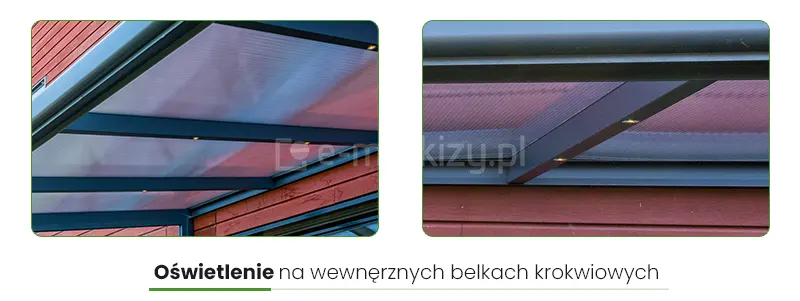 Zdjęcie prezentuje detale techniczne oświetlenia zintegrowanego z aluminiową konstrukcją zadaszenia Nebbiolo Deponti, przedstawione na dwóch sąsiadujących kadrach. Na obu ujęciach widoczne są ciemnoantracytowe belki krokwiowe, w których od spodu zamontowano punktowe oprawy LED emitujące dyskretne, ciepłe światło. Nad profilami nośnymi znajdują się przezroczyste lub lekko przydymione płyty poliwęglanowe, stanowiące pokrycie dachowe. Konstrukcja przylega do elewacji budynku wykonanej z poziomych paneli drewnianych w kolorze ceglastym. Pod grafikami umieszczono czytelny napis techniczny informujący, że oświetlenie znajduje się na wewnętrznych belkach krokwiowych. Całość ukazuje estetyczny i funkcjonalny sposób doświetlenia przestrzeni tarasowej po zmroku, z zachowaniem minimalistycznego designu profili aluminiowych.