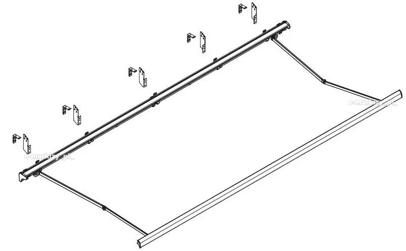 Rysunek techniczny w rzucie izometrycznym przedstawiający kompletny system markizy kasetowej Palladio firmy Aluprof wraz z układem montażowym. Na ilustracji widoczna jest aluminiowa kaseta ochronna, w której ukryty jest wał nawojowy oraz mechanizm ramion przegubowych, a także przedni profil wykończeniowy. Powyżej konstrukcji zaznaczono zestaw pięciu wsporników montażowych rozmieszczonych wzdłuż kasety, co ilustruje sposób rozmieszczenia punktów kotwienia niezbędnych do stabilnego i bezpiecznego przymocowania markizy do konstrukcji nośnej budynku. Uchwyty ścienne przymocowane są do rury kwadratowej pod kasetą markizy. Obok nich widoczne są uchwyty krokwiowe oraz sufitowe - mocowane do uchwytów ściennych i umożliwiające mocowanie markizy do innych niż pionowa powierzchni nośnych.
