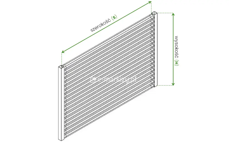 Rysunek techniczny przedstawia schemat pomiarowy panelu żaluzjowego Louvre, ukazanego w rzucie aksonometrycznym na białym tle. Konstrukcja składa się z szeregu poziomych, równoległych lameli, zamocowanych pomiędzy dwoma pionowymi słupami, np. zadaszenia lub pergoli. Na schemacie naniesiono zielone linie pomocnicze ze strzałkami, które określają kluczowe parametry techniczne: szerokość (s) mierzoną wzdłuż górnej krawędzi panelu oraz wysokość (H) mierzoną wzdłuż pionowego profilu bocznego. Całość jest przedstawiona w formie czarno-białego szkicu liniowego, co zapewnia czytelność instrukcji pomiaru dla użytkownika.